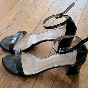 Stuart weitzman black patent ankle strap block heels